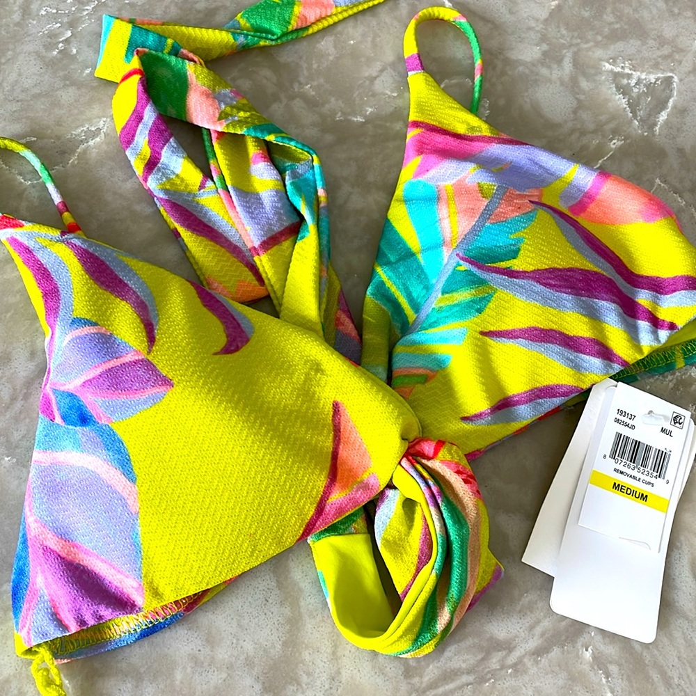 NWT Becca bikini top in lime and chartreuse tie wrap plunge LOW CUT Demi strappy